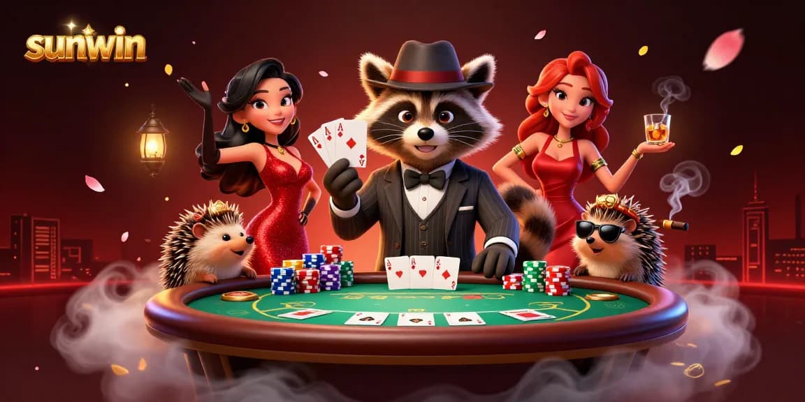 Sunwin players enjoy high-stakes poker, highlighted by a suave raccoon, charming fox, and hedgehog bouncer.