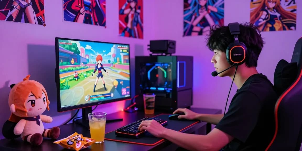 Gamer engaging with an ecchi game in an energetic setting with vibrant LED lighting.