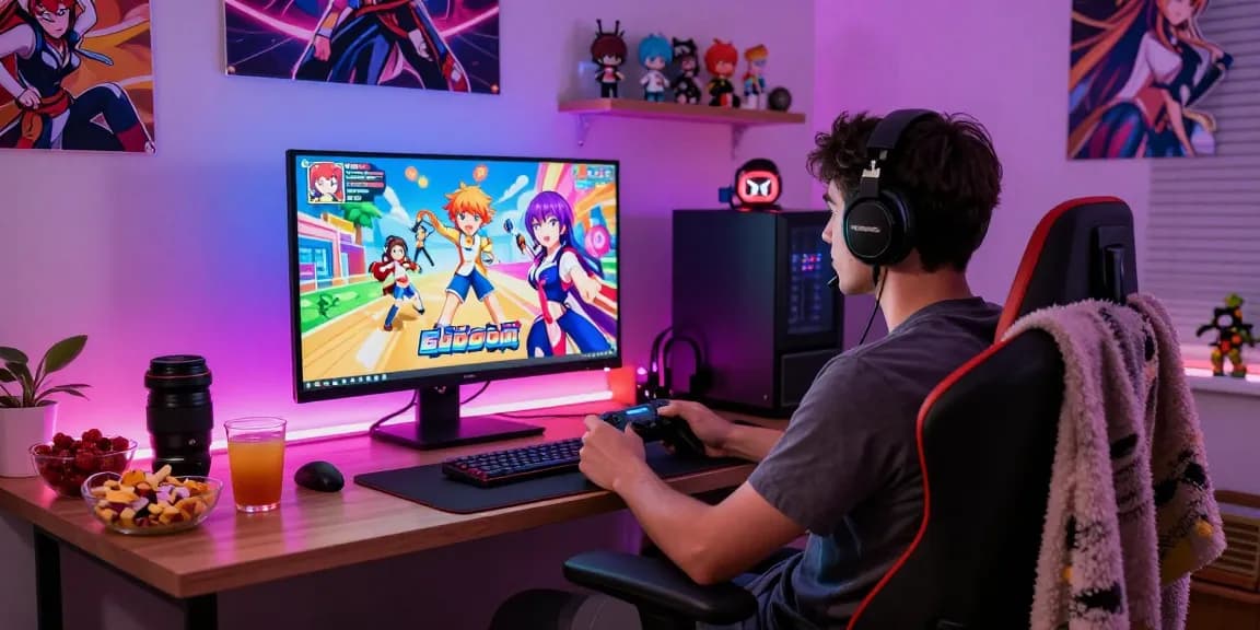 Gamer playing ecchi games in a cozy room with vibrant lighting and animated characters on screen.