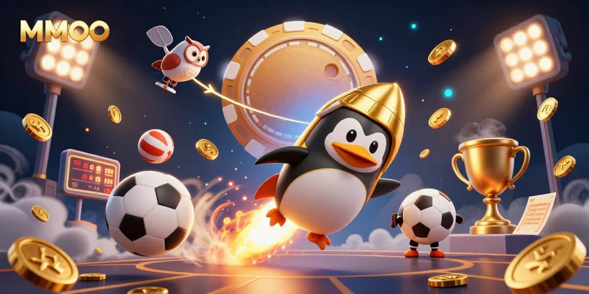 Experience the thrill of MMOO with a rocket-powered golden penguin and casino elements in dynamic space.