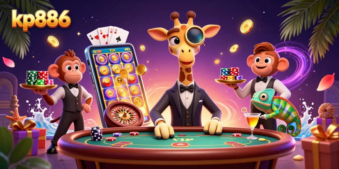 Engage in thrilling gameplay with kp886 at a vibrant casino, featuring unique characters in a rich, dynamic scene.