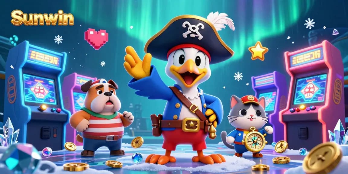 Engage with Sunwin's vibrant casino scene showcasing a colorful 3D illustration of a pirate captain, bulldog, and ship’s cat.