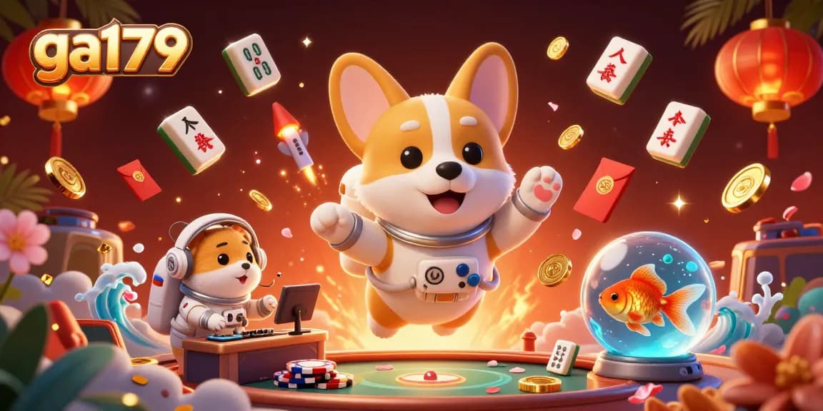 ga179 showcases a floating astronaut corgi in a vibrant casino scene, engaging players with unique elements.