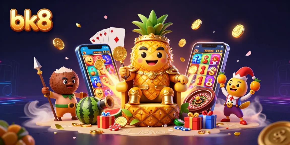 Engage with bk8's exciting casino features through a vibrant, dynamic scene full of gaming elements.