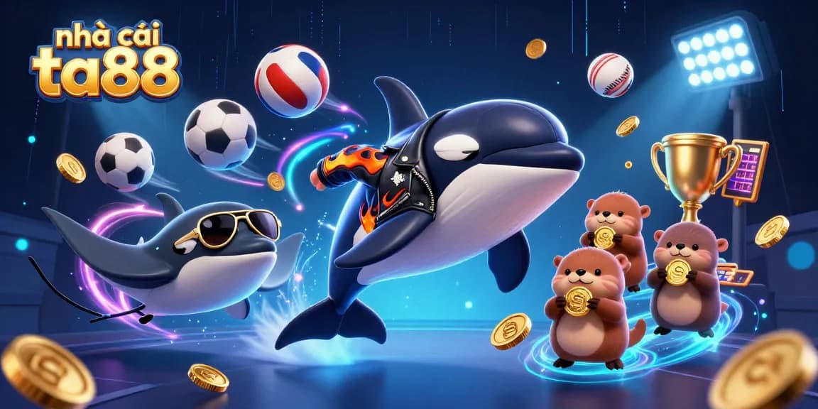Engage with nhà cái ta88 in a vibrant 3D scene featuring dynamic sports elements and playful sea characters.