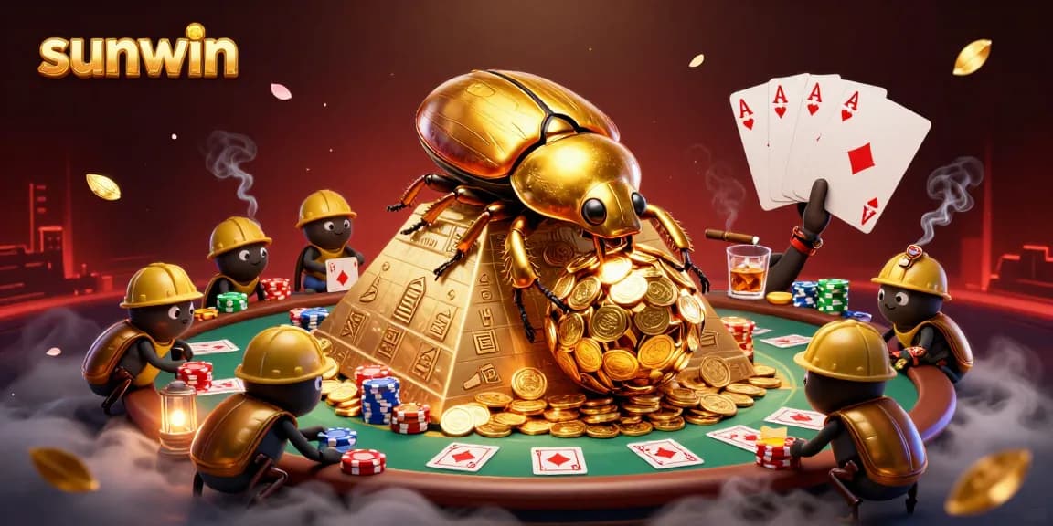 Experience the thrill of sunwin with an epic casino-themed 3D illustration featuring beetles and poker elements.