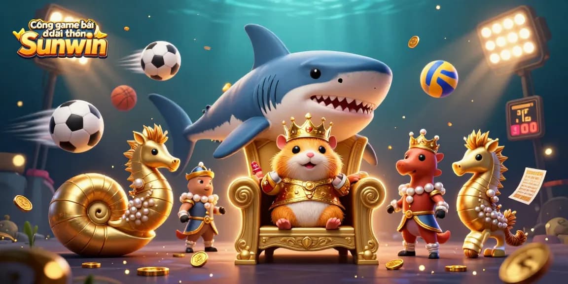Cổng game bài đổi thưởng Sunwin shows a fierce golden hamster king on a megalodon throne, surrounded by dynamic sports betting elements.