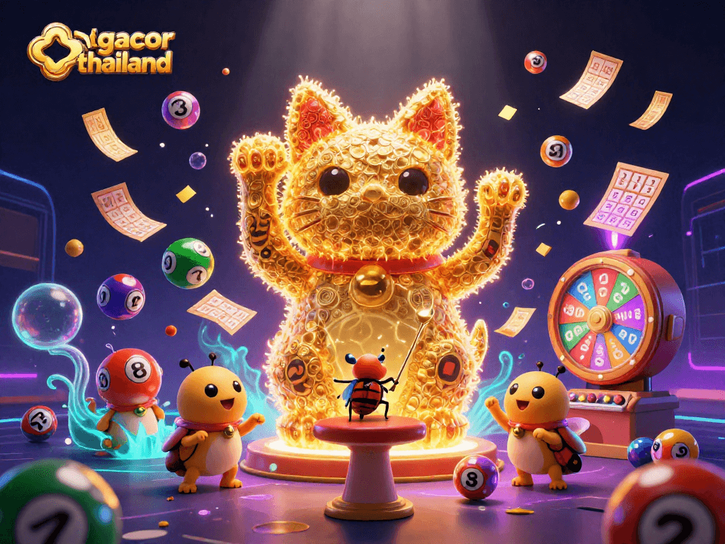 Engage with slot gacor thailand's vivid atmosphere featuring a lucky cat and lottery elements.