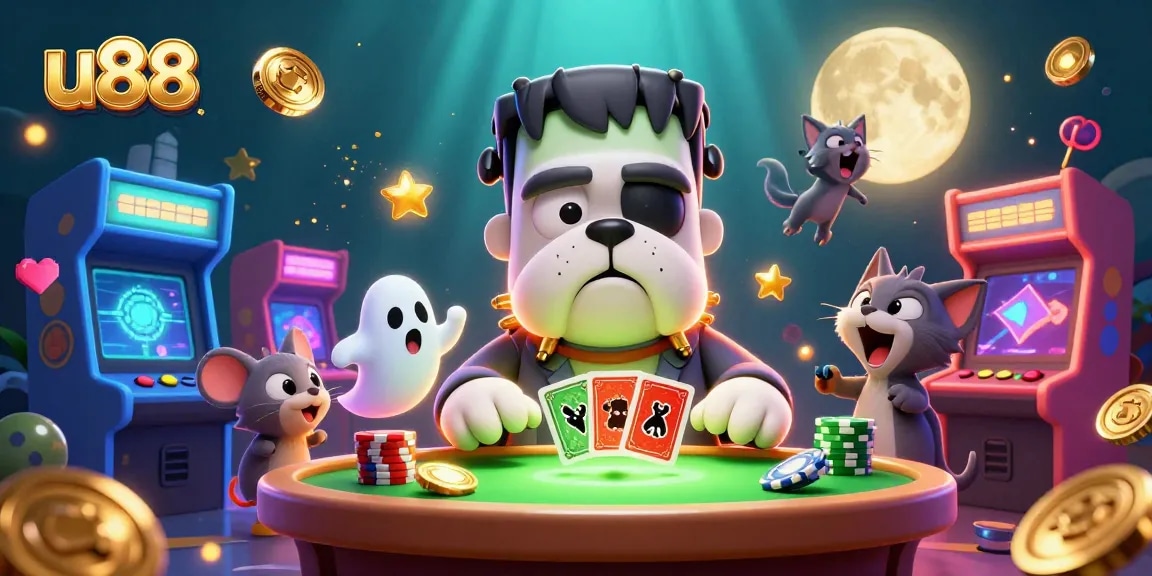 u88's exciting gaming scene showcasing card dealing by a monster and glowing casino elements