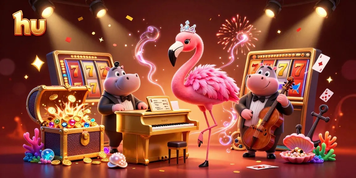 Engaging illustration of the hu online casino featuring a flamboyant flamingo singer and hippo bassist among rich slot game elements.