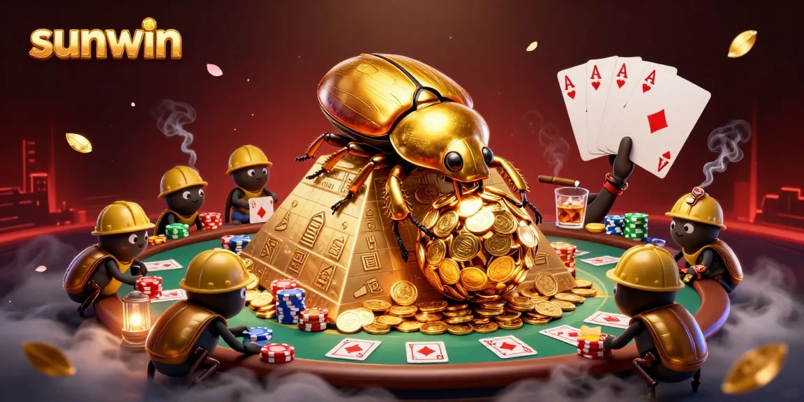 Experience the thrill of sunwin with an epic casino-themed 3D illustration featuring beetles and poker elements.