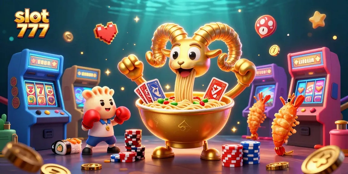Experience thrilling slot 777 action with a vibrant casino scene featuring colorful characters and games.
