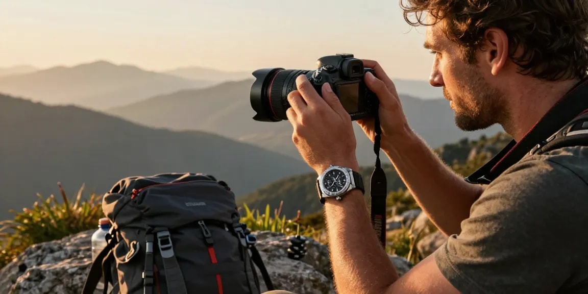 Adventure enthusiast wearing a super clone watch at a mountain peak, capturing the view with a DSLR camera.