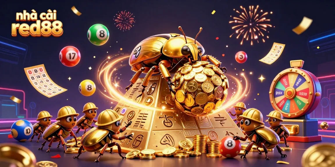 Experience the excitement at nhà cái red88 with golden coins and colorful lottery balls in action.