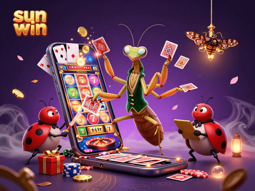 Sun win themed 3D illustration showcasing a giant praying mantis card sharp amid vibrant casino elements.