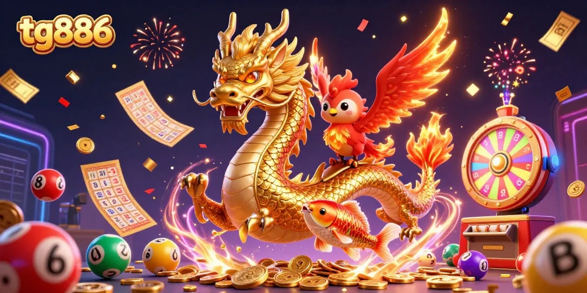 Engage with the thrilling tg886 gambling experience featuring a Chinese dragon and phoenix.