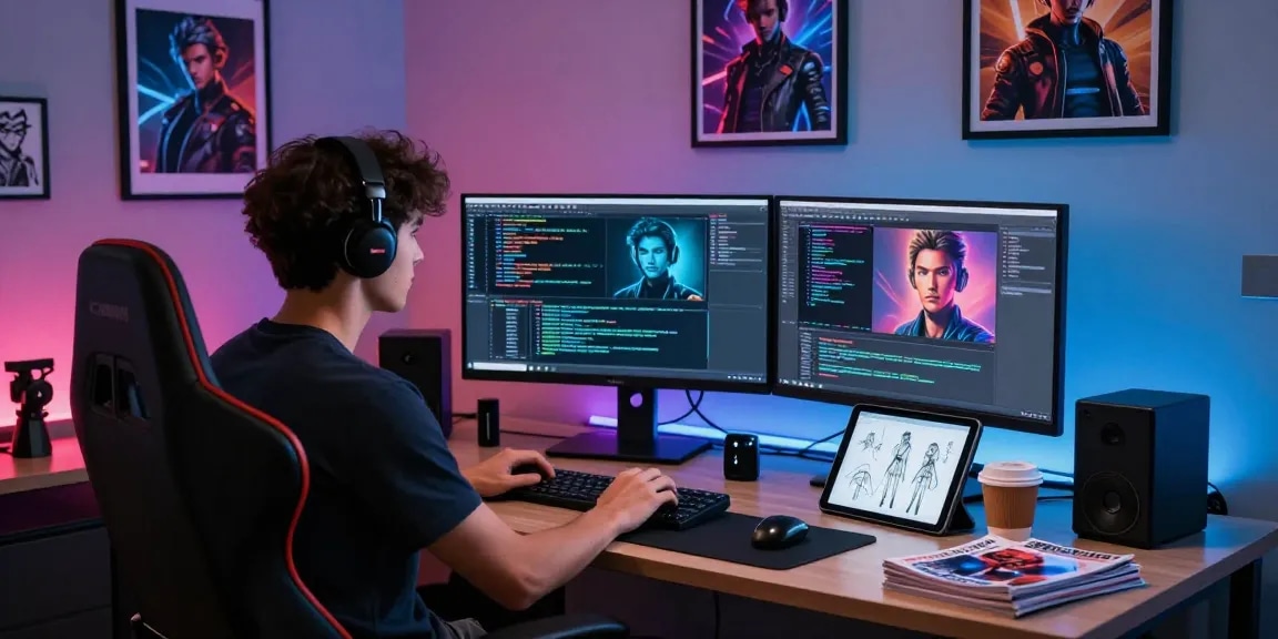 Programmer developing an NSFW AI application with multiple screens displaying code and character designs in a modern workspace.