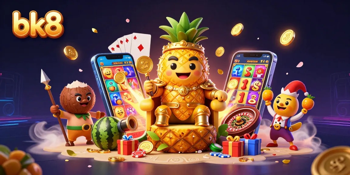 Engage with bk8's exciting casino features through a vibrant, dynamic scene full of gaming elements.