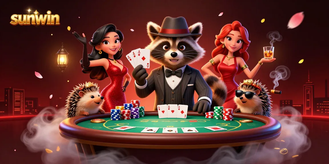 Sunwin players enjoy high-stakes poker, highlighted by a suave raccoon, charming fox, and hedgehog bouncer.