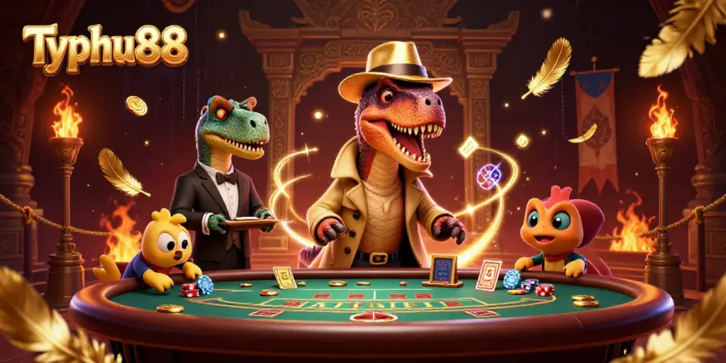 Experience thrilling action at Typhu88, with a velociraptor card counter and dynamic casino elements.