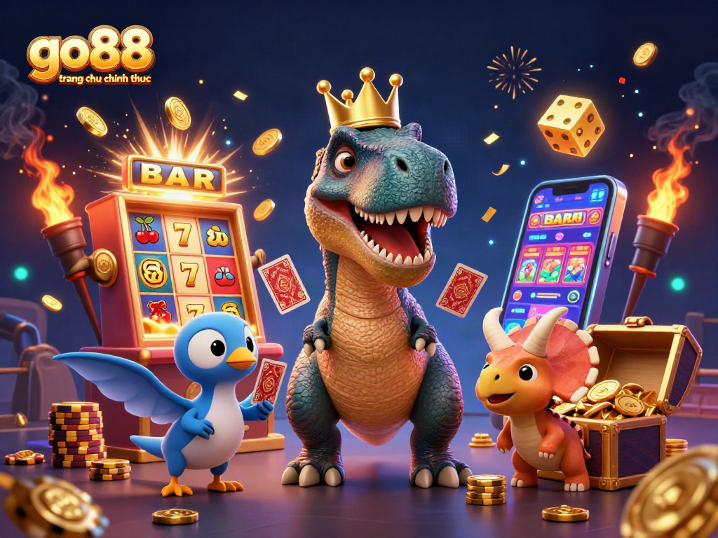 Engaging scene showcasing go88 trang chu chinh thuc with cartoon characters playing casino games.