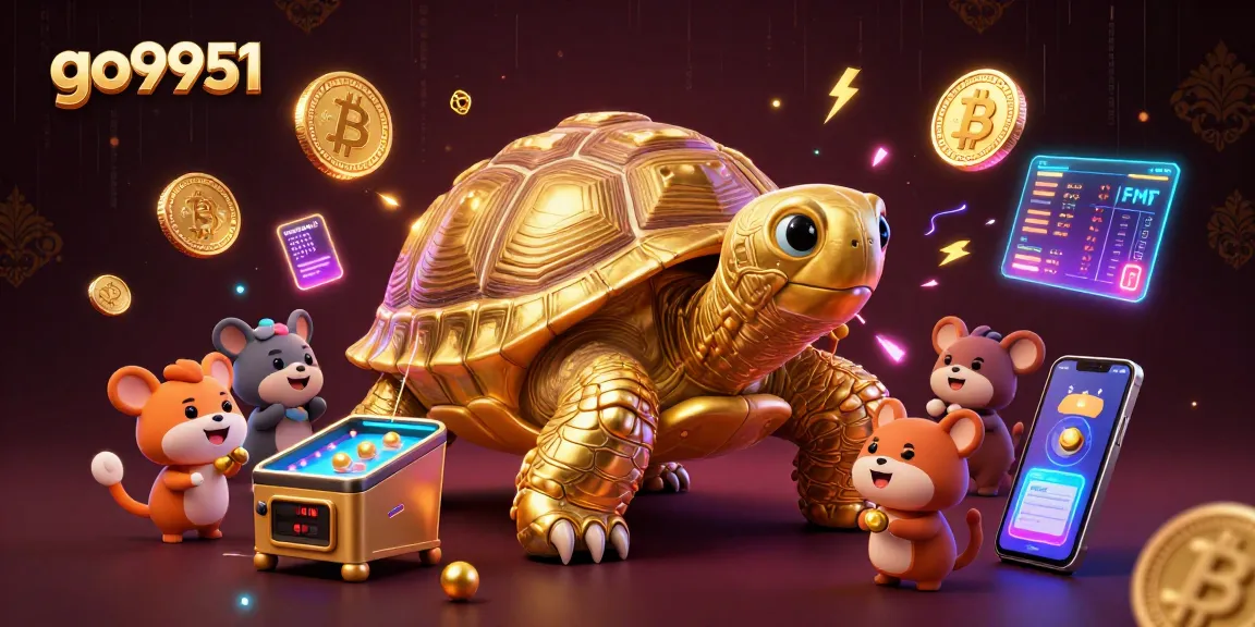 Experience thrilling gameplay at go9951 with a vibrant scene featuring a giant tortoise pinball machine surrounded by cryptocurrency elements.