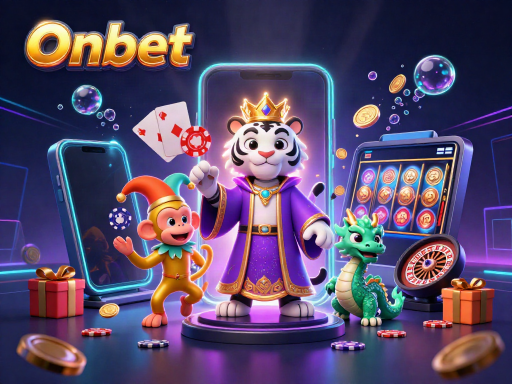 Experience vibrant casino fun with Onbet, featuring a cartoon tiger and monkey in a 3D casino setting.