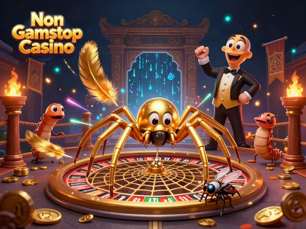 Experience thrilling bets at a Non Gamstop Casino with a golden spider and a centipede croupier in an exciting game.