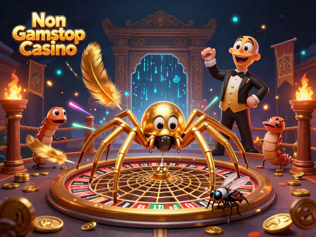 Experience thrilling bets at a Non Gamstop Casino with a golden spider and a centipede croupier in an exciting game.