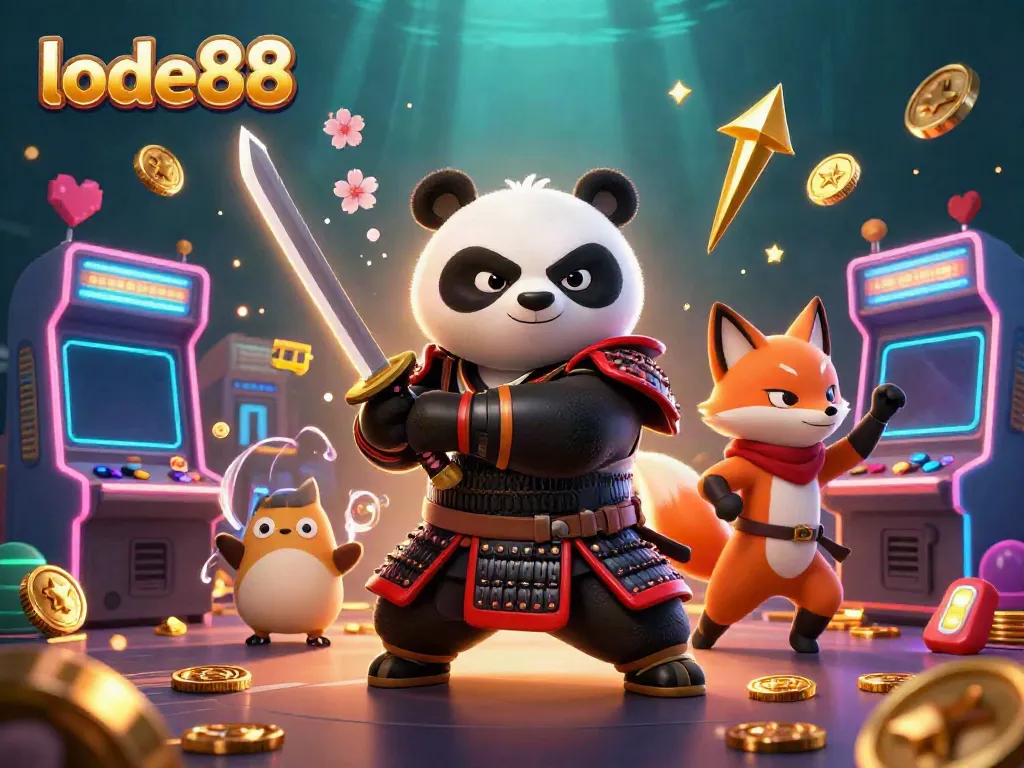 Engage with lode88's dynamic gaming world featuring a samurai panda and ninja fox in a vibrant casino setting.