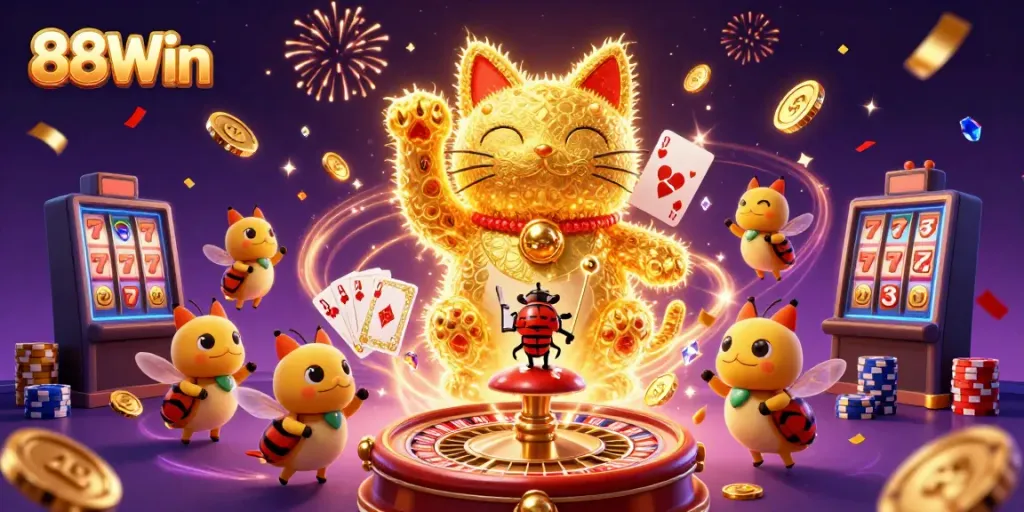 Enjoy thrilling casino gameplay with 88Win as golden fireflies create a lucky cat in this vibrant 3D illustration.