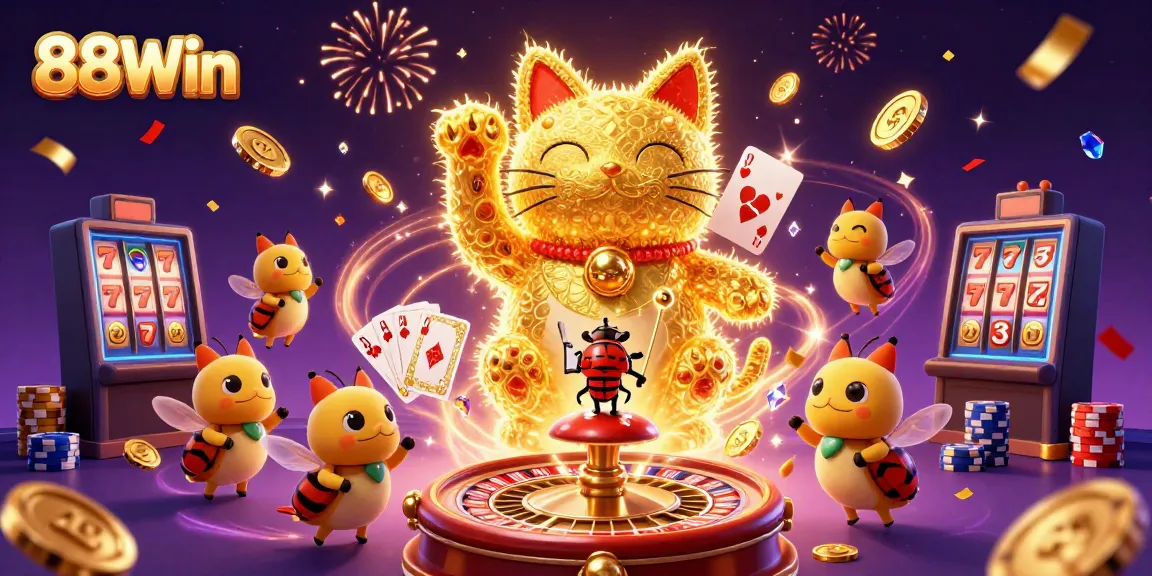 Enjoy thrilling casino gameplay with 88Win as golden fireflies create a lucky cat in this vibrant 3D illustration.