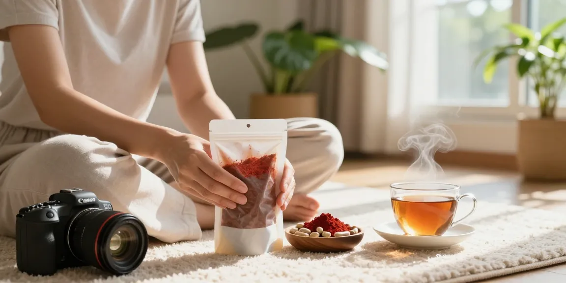 This red Thai kratom showcased in a serene home setting with herbal tea and capsules, promoting relaxation and wellness.