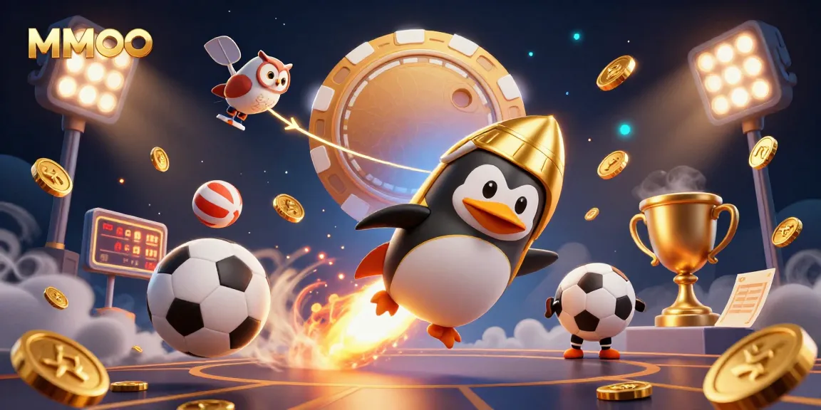 Experience the thrill of MMOO with a rocket-powered golden penguin and casino elements in dynamic space.
