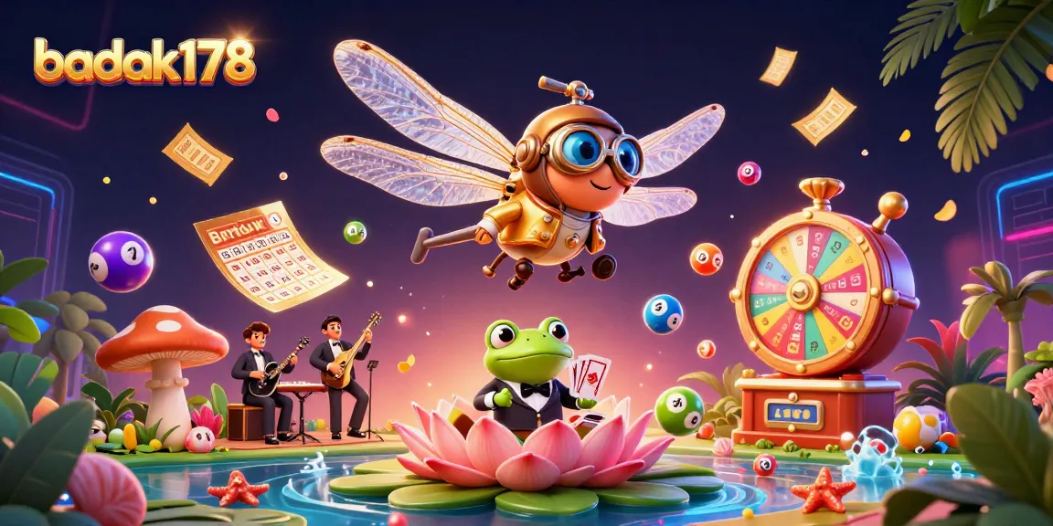 Enchanting scene of badak178 with a dragonfly pilot and frog dealer in a lively casino atmosphere.