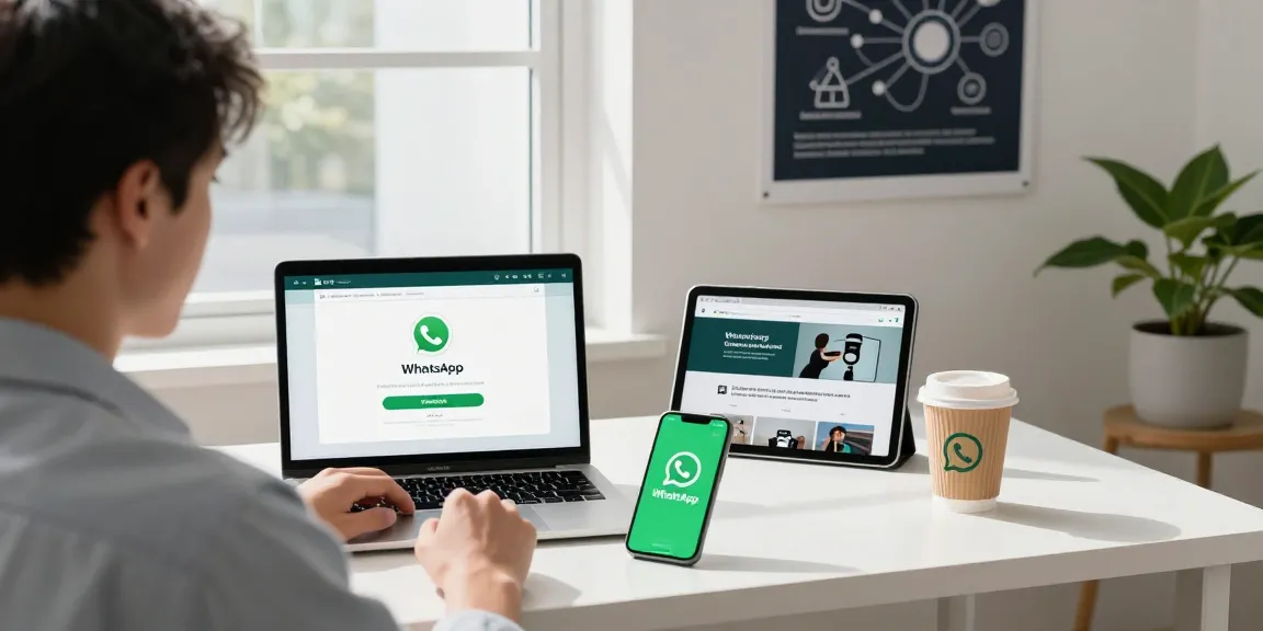 Effortless WhatsApp下載 process with modern workspace setting, laptop and smartphone in view.