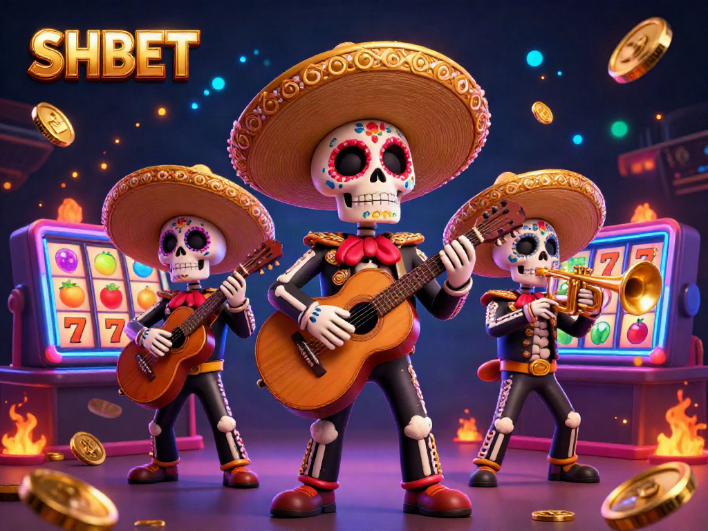 Engage with SHBET in a vibrant casino scene featuring lively Day of the Dead mariachi skeletons amidst slot reels.