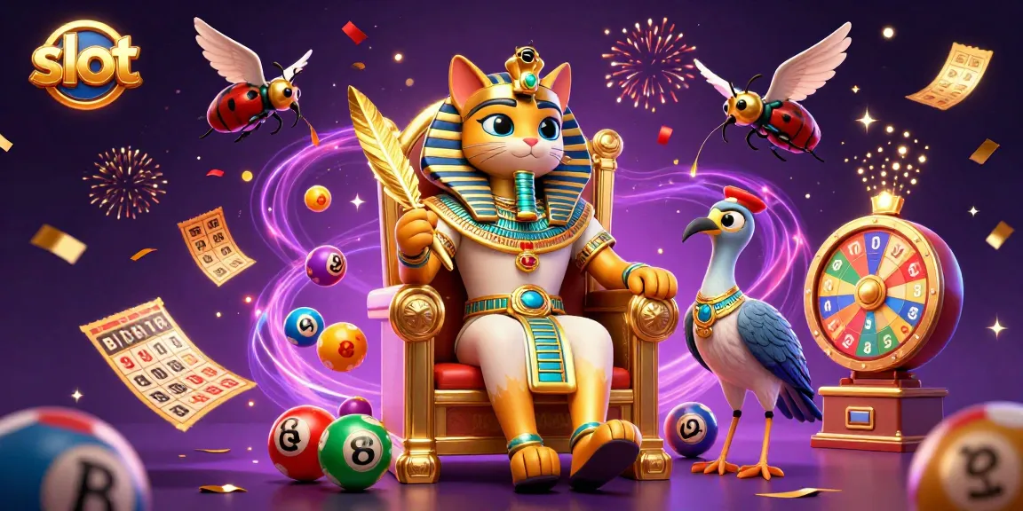 Experience the thrill of slot gaming with an energetic pharaoh cat and vibrant lottery elements flying around.