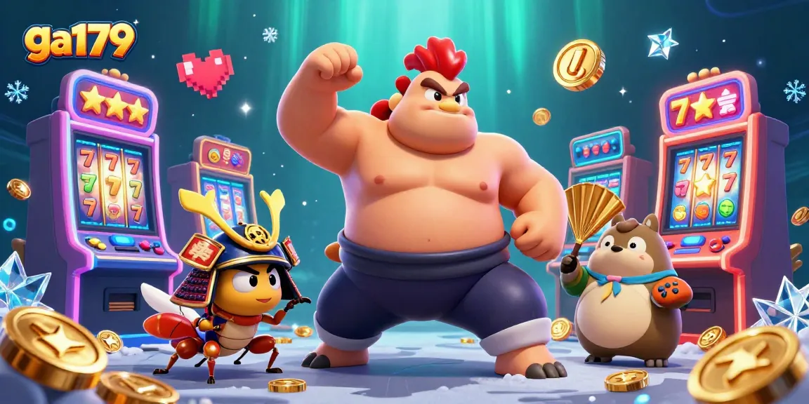 Engage in slots with ga179 featuring a powerful sumo rooster, fierce cricket, and dynamic slot machine elements.