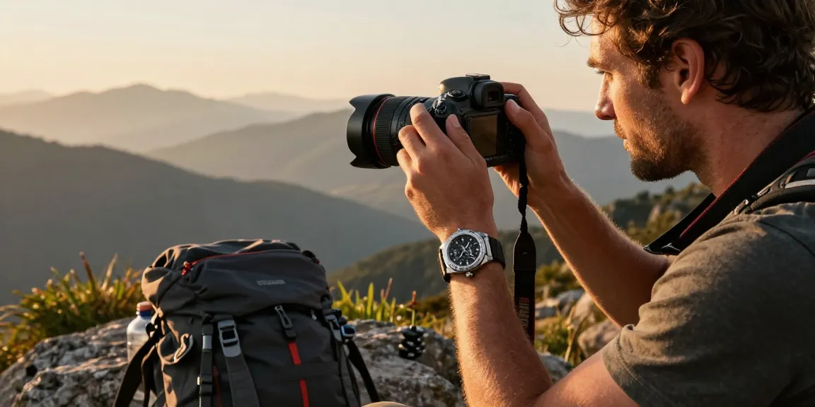 Adventure enthusiast wearing a super clone watch at a mountain peak, capturing the view with a DSLR camera.