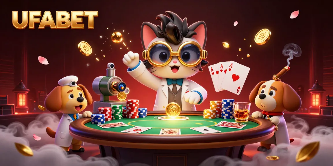 Bet on UFABET with vibrant casino-themed scene featuring mad scientist cat and dog assistant.