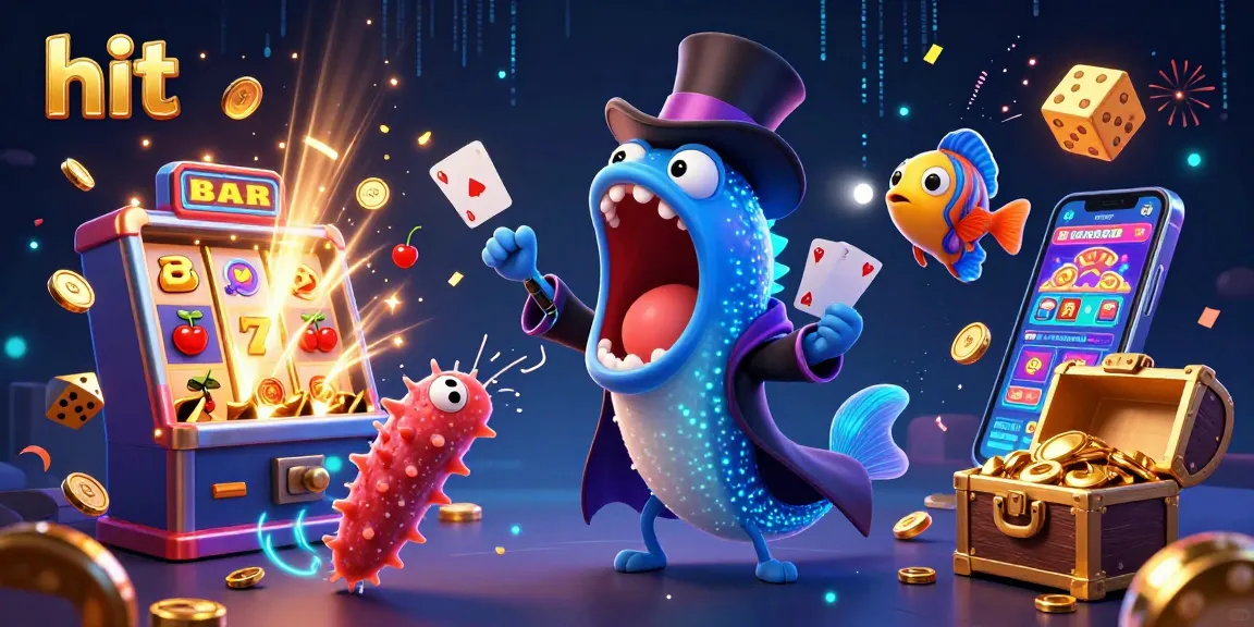 Engaging scene with deep-sea eel performing card magic while showcasing hit casino elements like slots and jackpots.