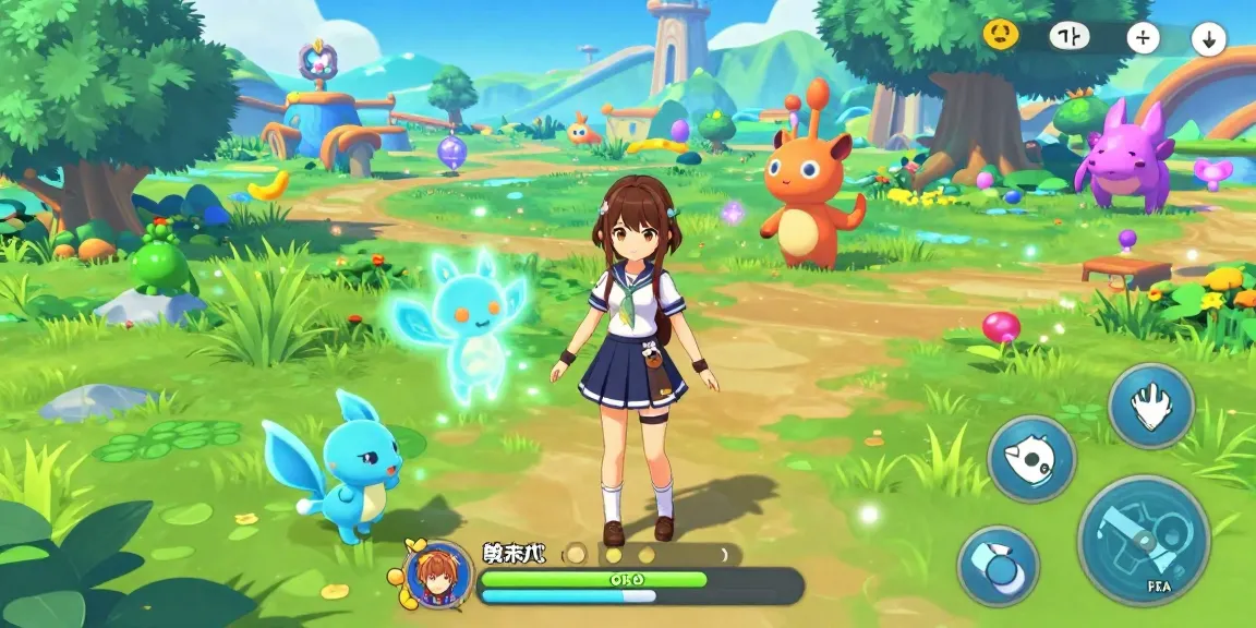 Interactive scene of a vibrant hentai game featuring an anime character in a colorful fantasy landscape.