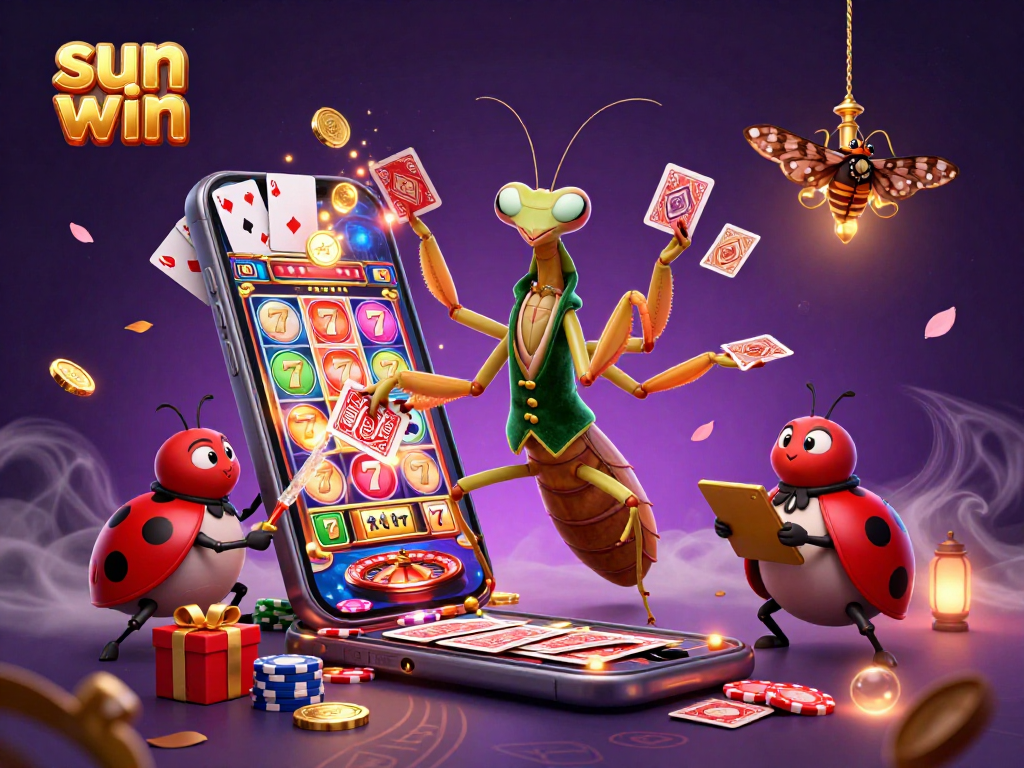 Sun win themed 3D illustration showcasing a giant praying mantis card sharp amid vibrant casino elements.
