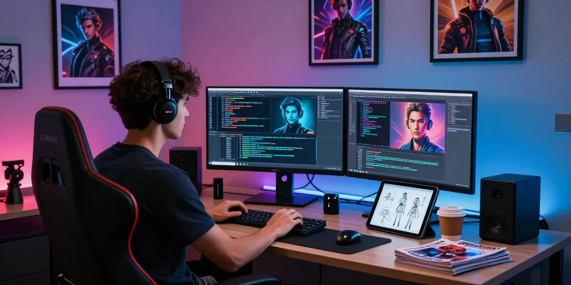 Programmer developing an NSFW AI application with multiple screens displaying code and character designs in a modern workspace.