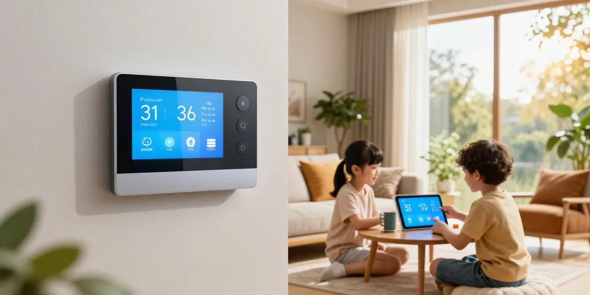 Family adjusting a smart thermostat in a modern living room filled with natural light and smart devices.