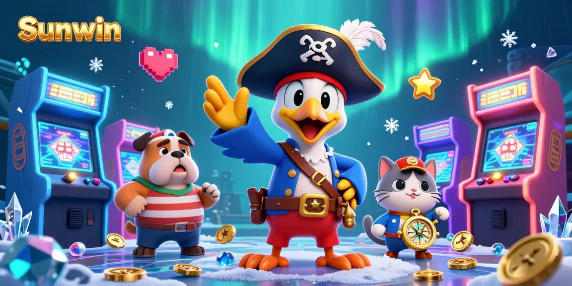 Engage with Sunwin's vibrant casino scene showcasing a colorful 3D illustration of a pirate captain, bulldog, and ship’s cat.
