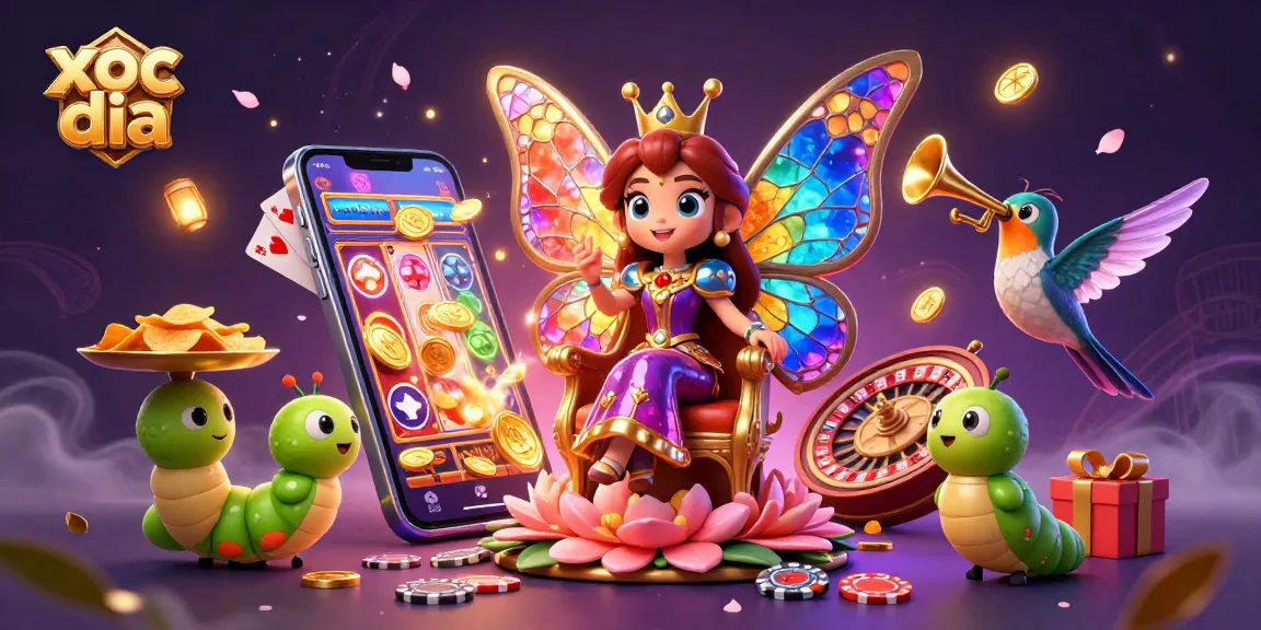 Xoc dia game illustration featuring a colorful scene with characters and vibrant casino elements like slot games and poker.