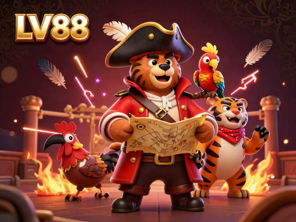 Experience the thrill of LV88's cockfighting with a vibrant pirate bear and tiger in action.