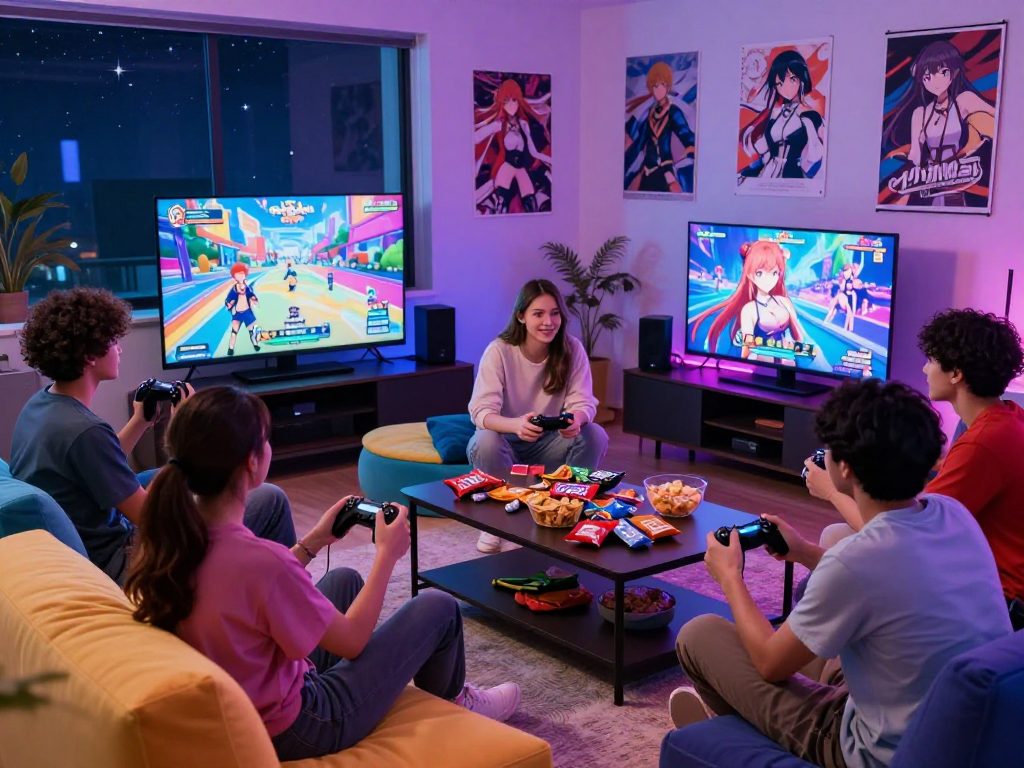 Engaging scene of friends playing a hentai game in a cozy gaming lounge with vibrant lighting.